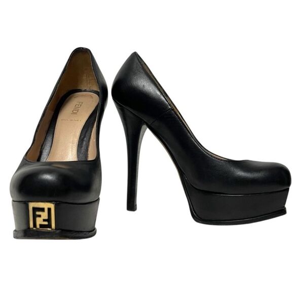 FENDI Fendista Leather Gold Logo Platform Heels 37 - Picture 1 of 16